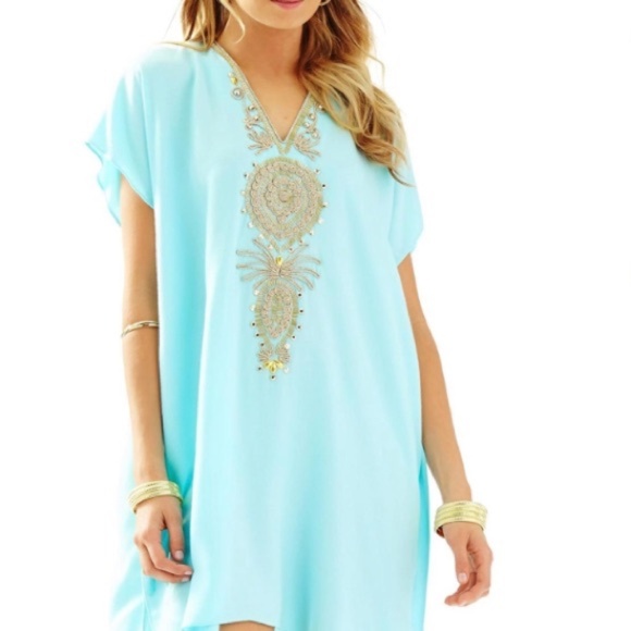 LILLY PULITZER Chai Caftan Pool Blue & Gold Beaded Tunic Dress Size Small/Medium - Picture 17 of 17